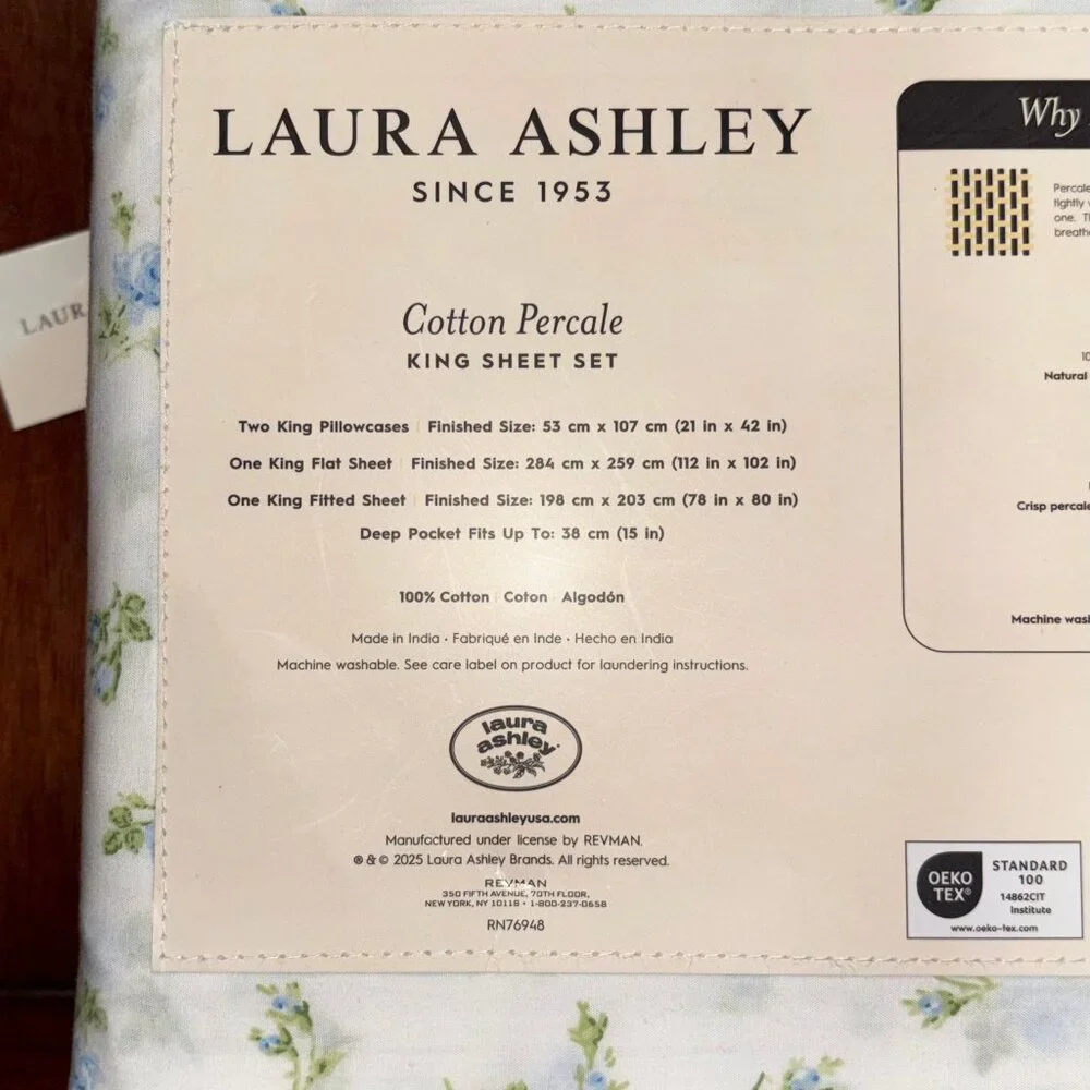 Laura Ashley King Size Blue ROSEBUDDIES Sheet Set 100% crisp percale cotton